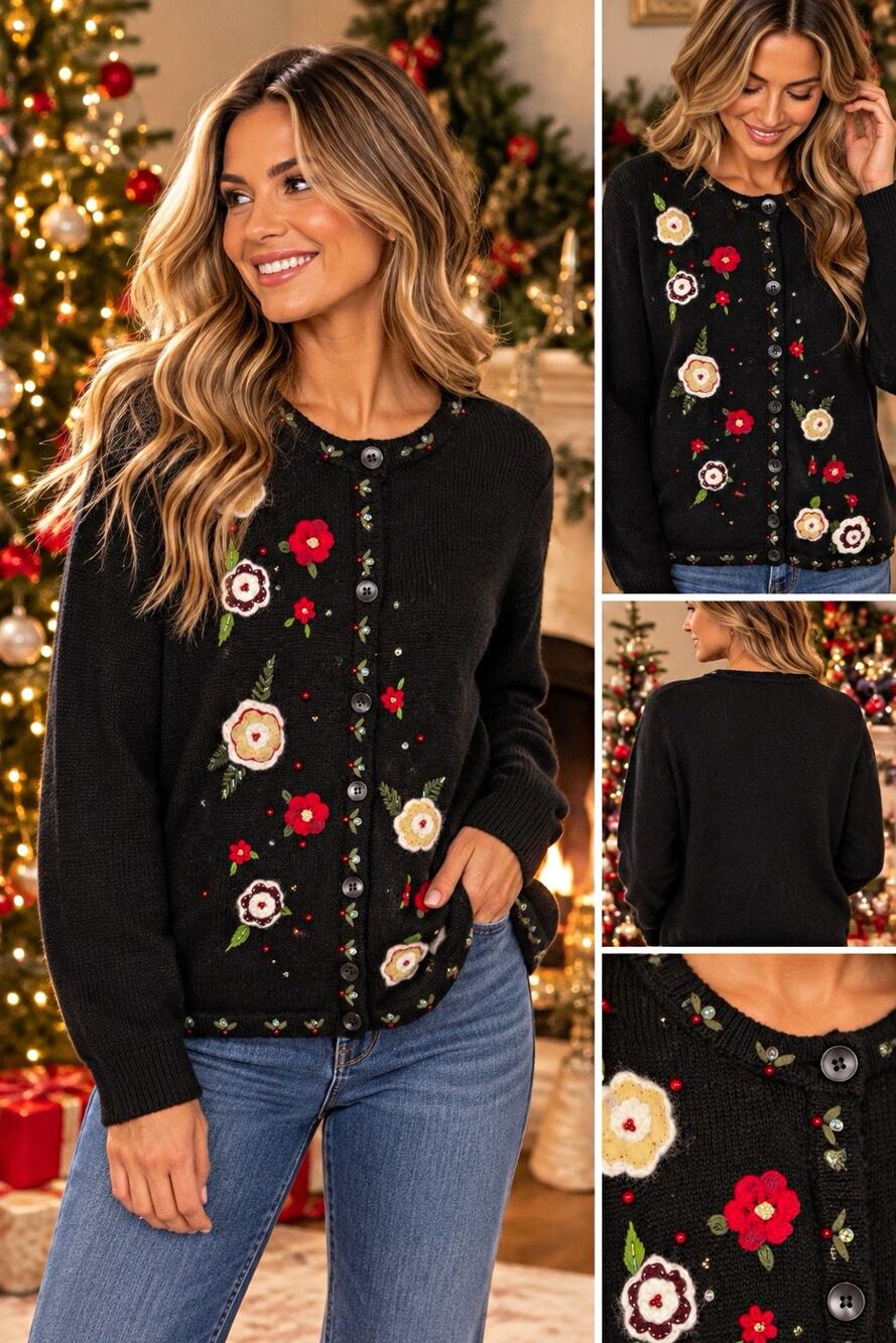 White Stag Women’s XL Black Floral Embroidered Beaded Button Front Cardigan